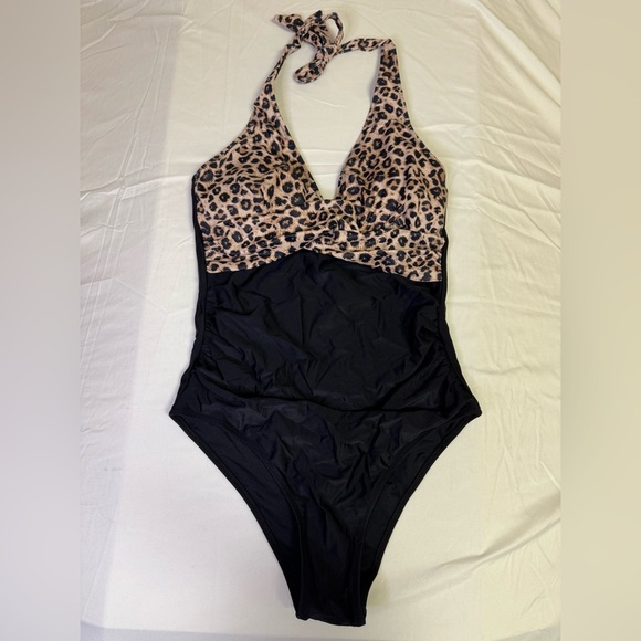 NWOT Brown and Black One-Piece Swimwear with Halter Neck - Picture 2 of 6
